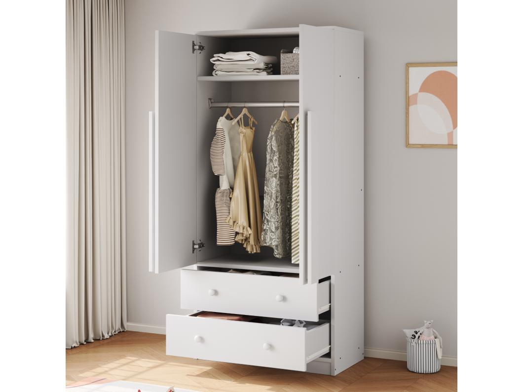 Kledingkast met 2 deuren en 2 lades - 70 x 40 x 170 cm - Grenen + multiplex + MDF - Wit