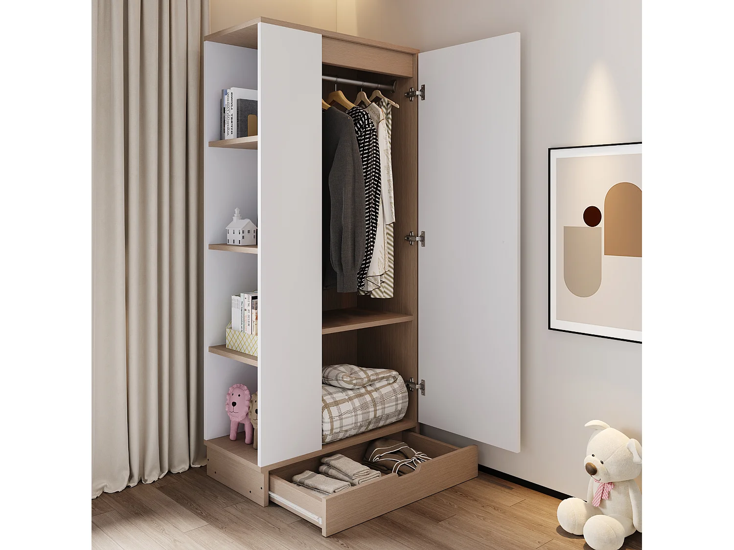 Szafa z 1 drzwiami, 1 szufladą i półkami - 70 x 40 x 170 cm - Sosna + sklejka + MDF - Biała