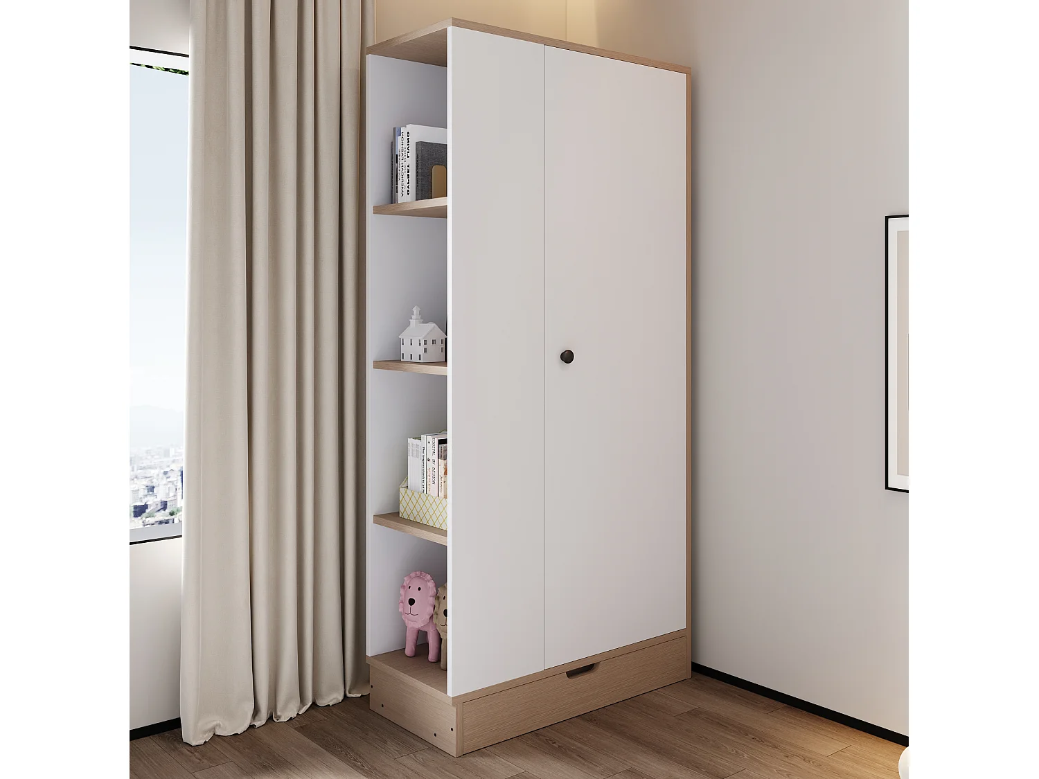 Szafa z 1 drzwiami, 1 szufladą i półkami - 70 x 40 x 170 cm - Sosna + sklejka + MDF - Biała