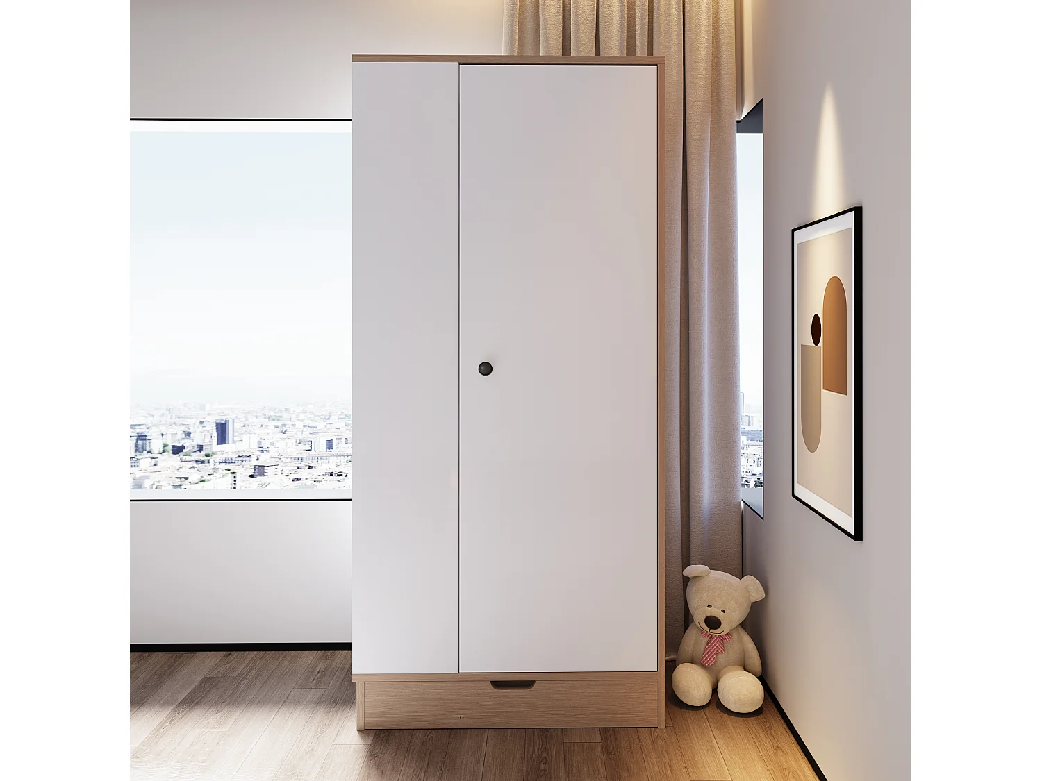 Szafa z 1 drzwiami, 1 szufladą i półkami - 70 x 40 x 170 cm - Sosna + sklejka + MDF - Biała