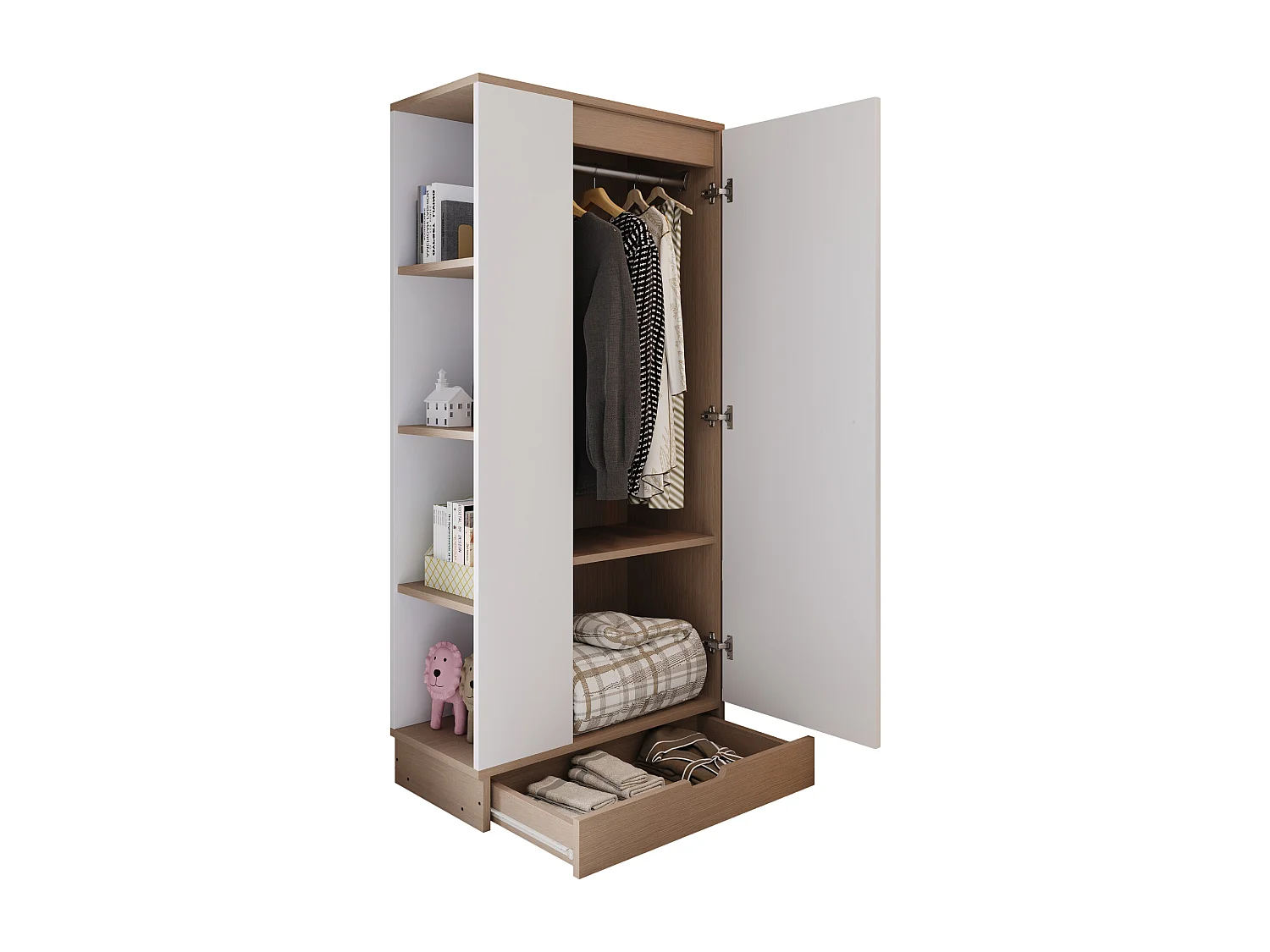 Szafa z 1 drzwiami, 1 szufladą i półkami - 70 x 40 x 170 cm - Sosna + sklejka + MDF - Biała