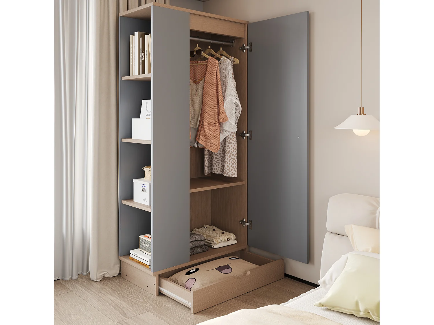 Kledingkast met 1 deur, 1 lade en planken - 70 x 40 x 170 cm - Grenen + multiplex + MDF - Grijs