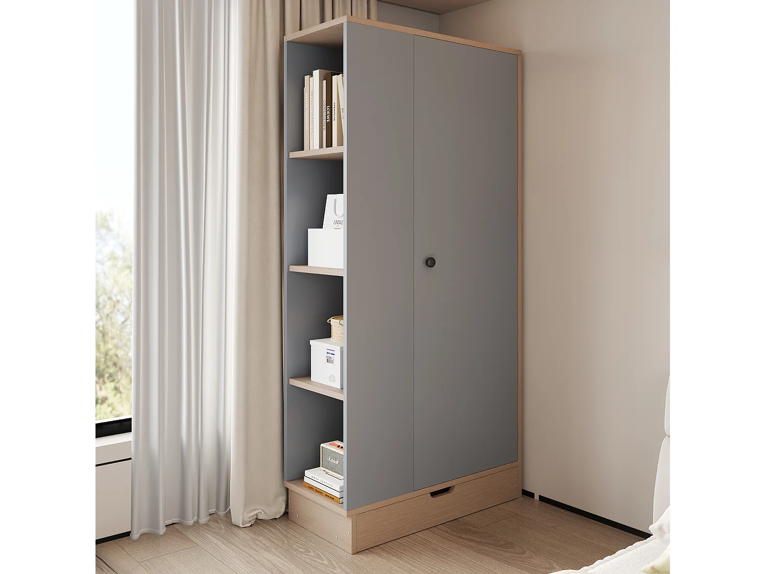 Kledingkast met 1 deur, 1 lade en planken - 70 x 40 x 170 cm - Grenen + multiplex + MDF - Grijs