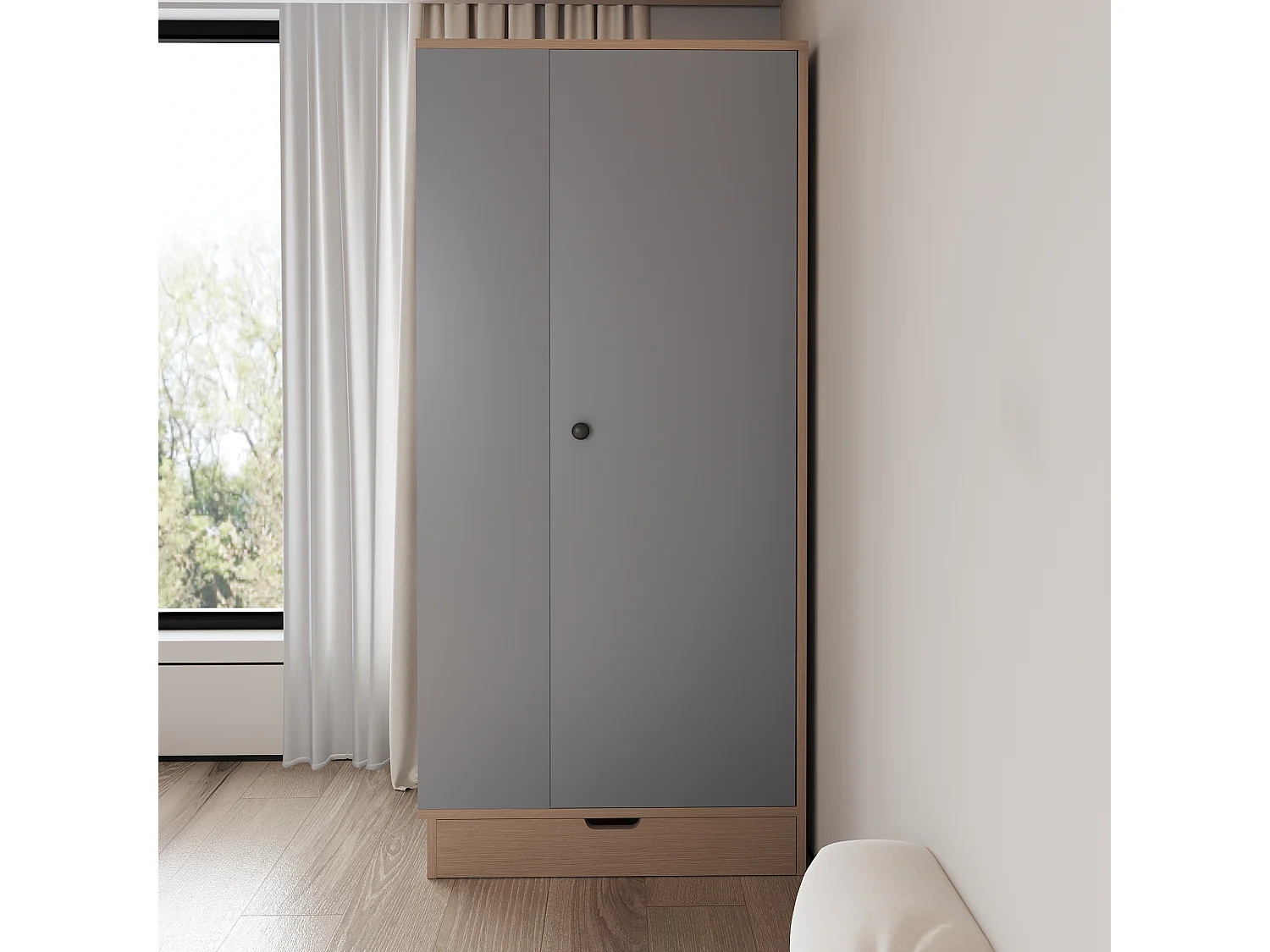 Kledingkast met 1 deur, 1 lade en planken - 70 x 40 x 170 cm - Grenen + multiplex + MDF - Grijs