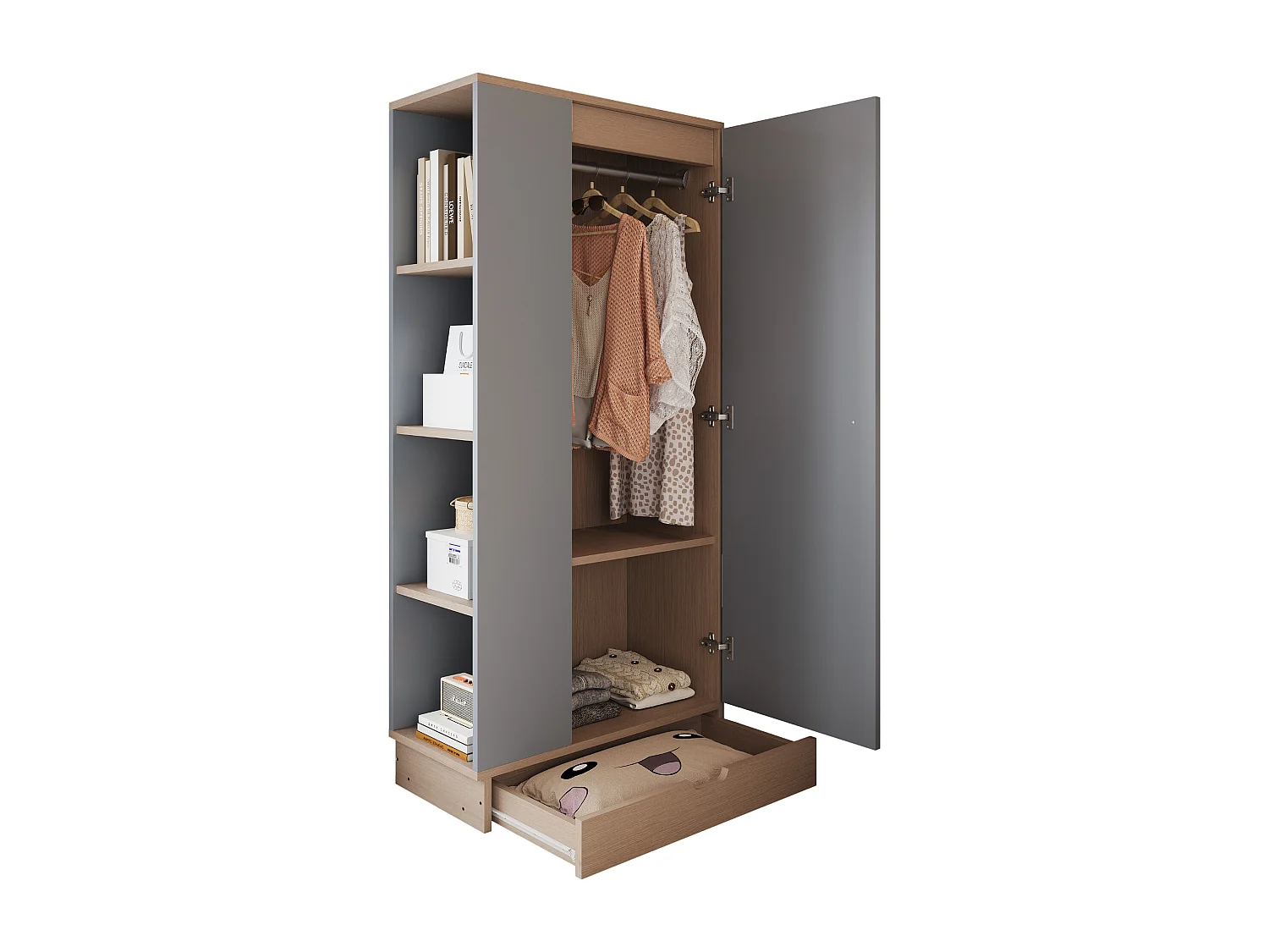 Kledingkast met 1 deur, 1 lade en planken - 70 x 40 x 170 cm - Grenen + multiplex + MDF - Grijs