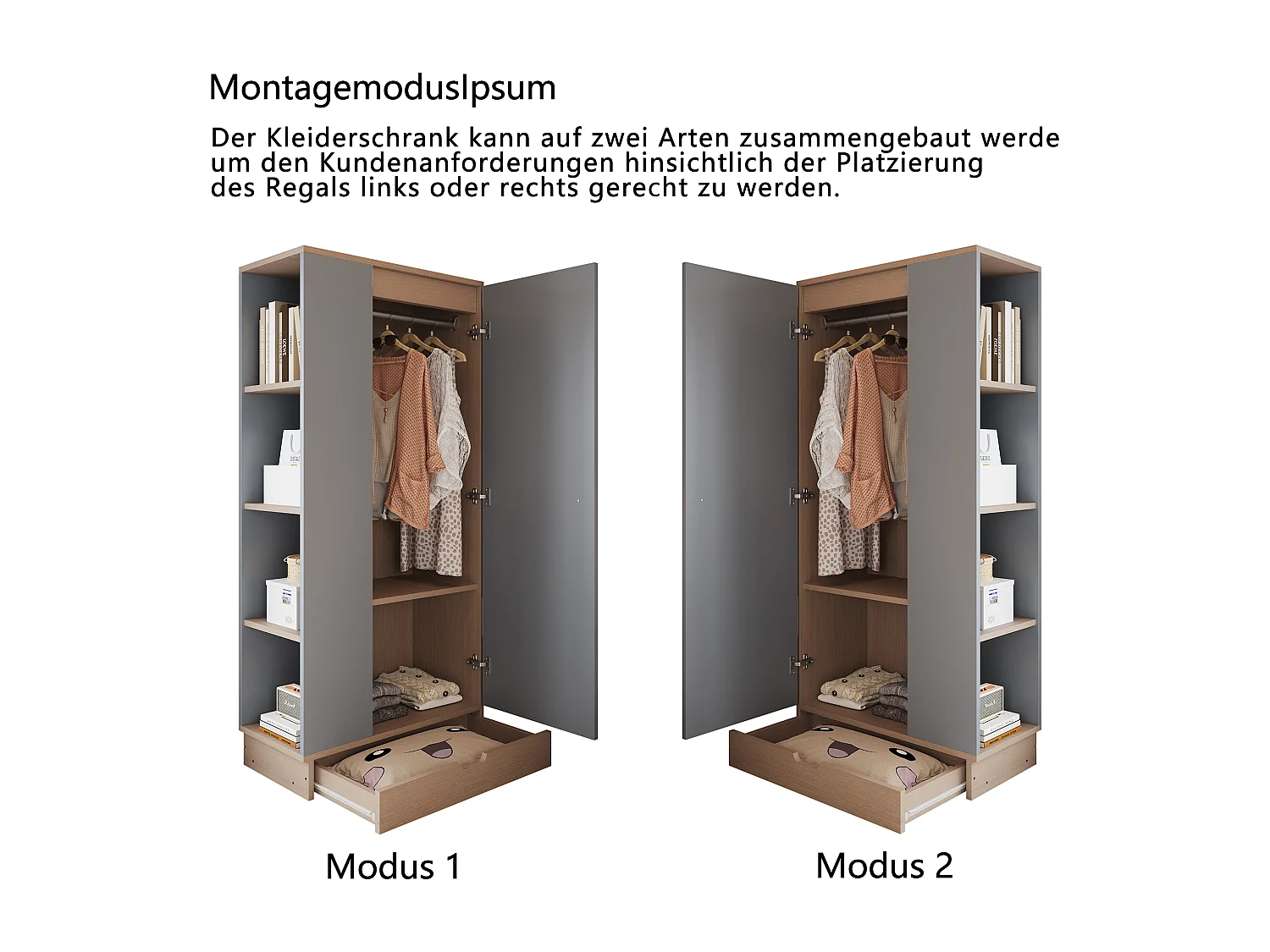 Kledingkast met 1 deur, 1 lade en planken - 70 x 40 x 170 cm - Grenen + multiplex + MDF - Grijs