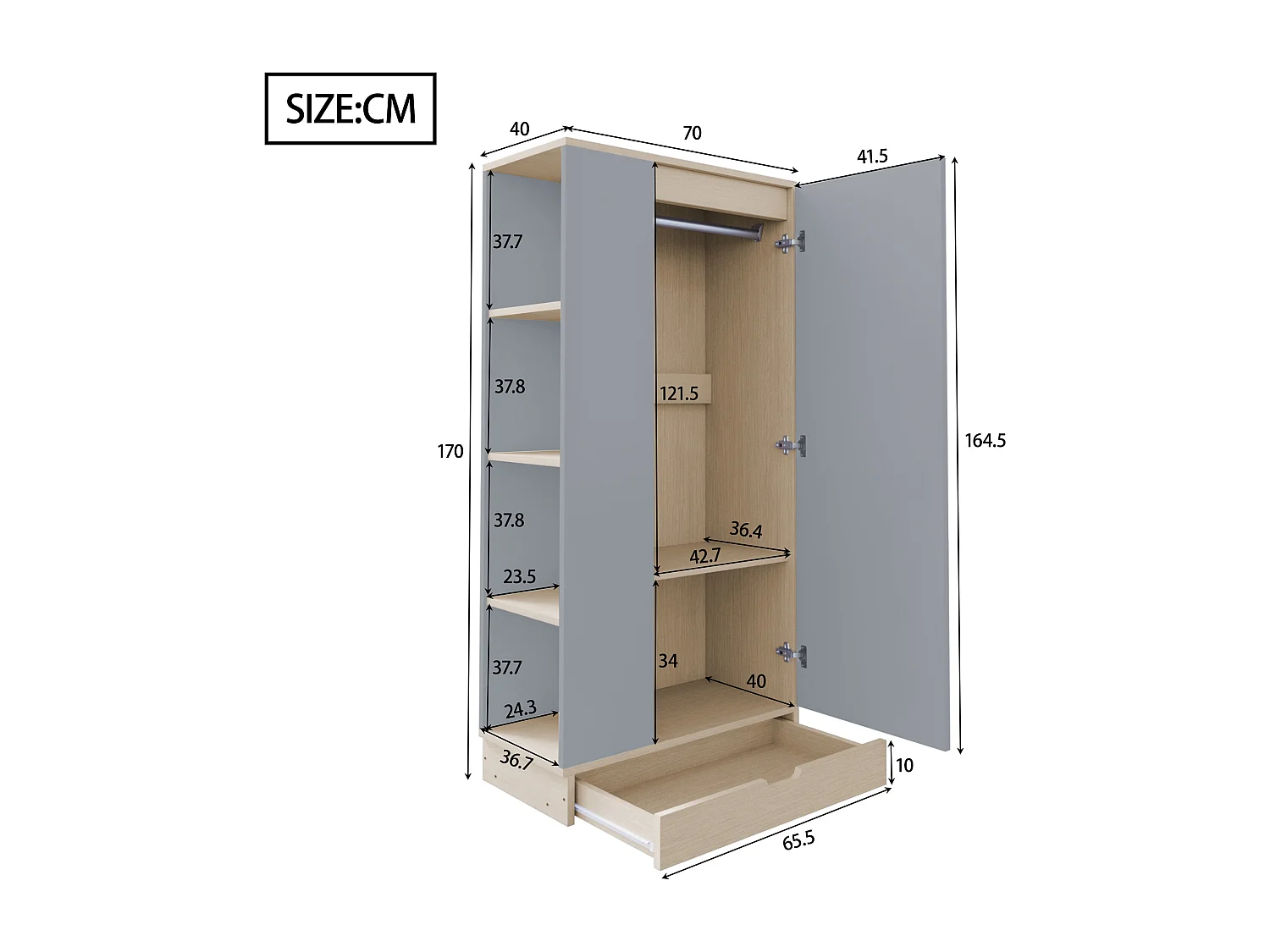 Kledingkast met 1 deur, 1 lade en planken - 70 x 40 x 170 cm - Grenen + multiplex + MDF - Grijs