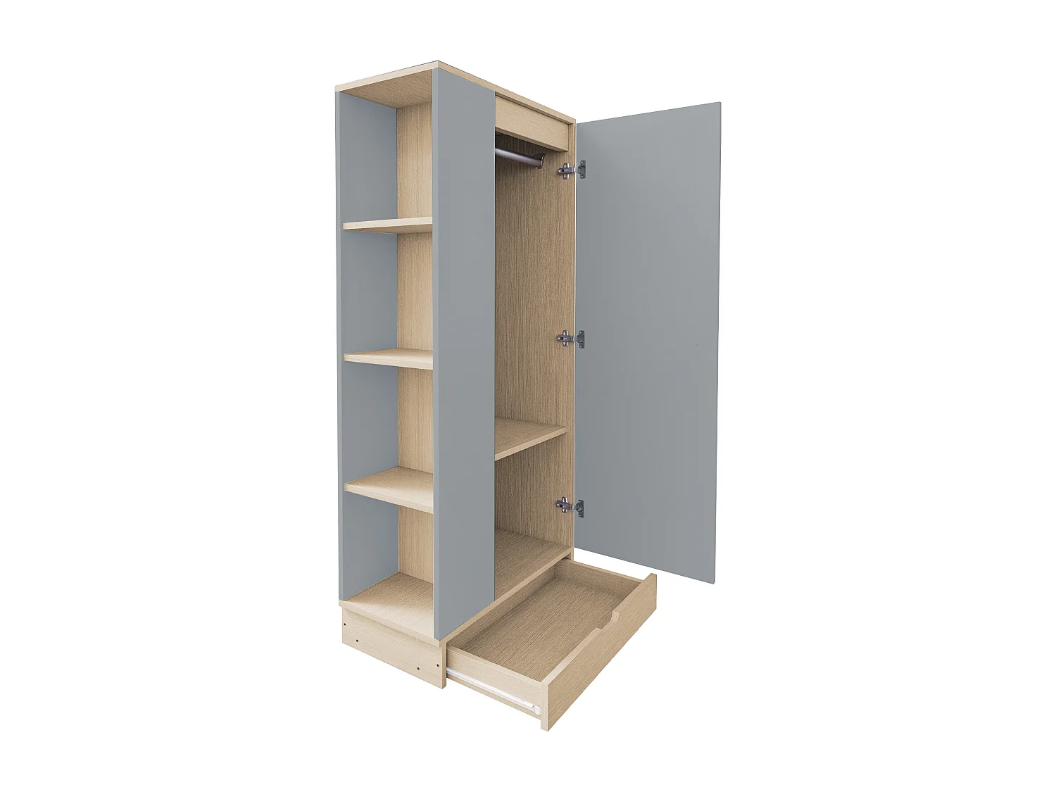 Kledingkast met 1 deur, 1 lade en planken - 70 x 40 x 170 cm - Grenen + multiplex + MDF - Grijs