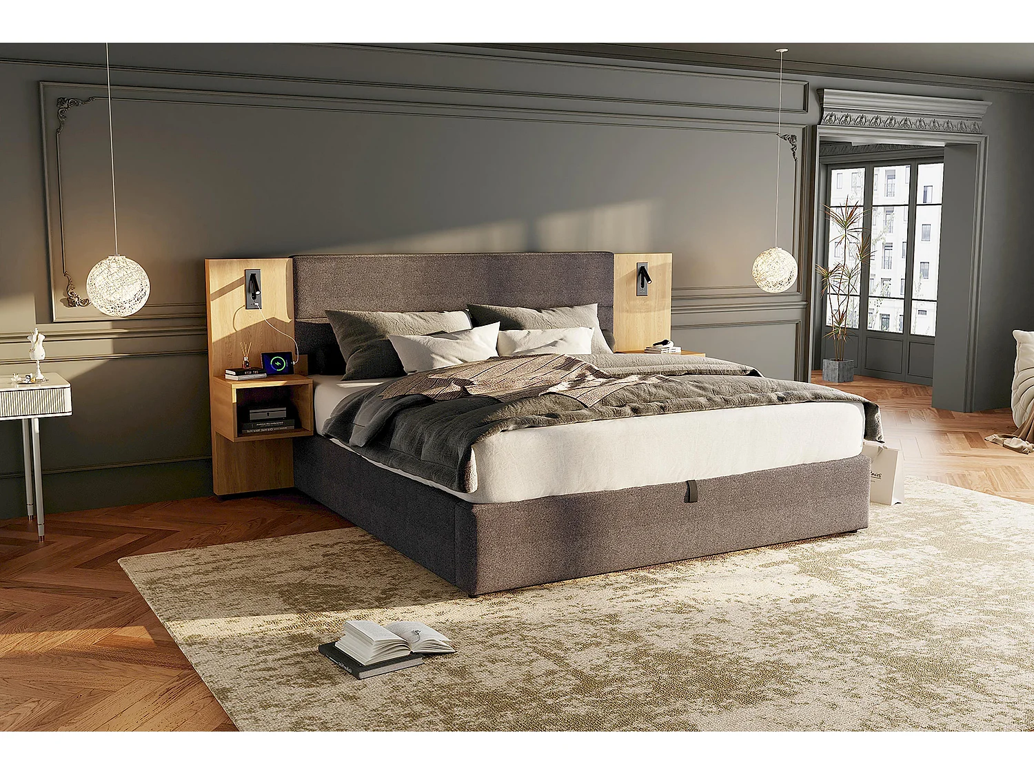 Lit coffre 180 x 200 cm avec grande tête de lit et 2 tables de chevet - Prise USB et 2 lampes de lecture - Bois et velours - Gris + naturel (sans matelas)