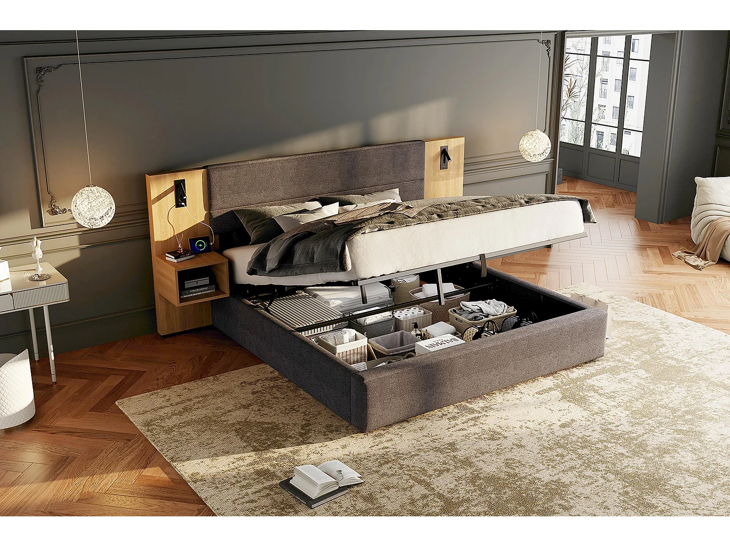 Lit coffre 180 x 200 cm avec grande tête de lit et 2 tables de chevet - Prise USB et 2 lampes de lecture - Bois et velours - Gris + naturel (sans matelas)