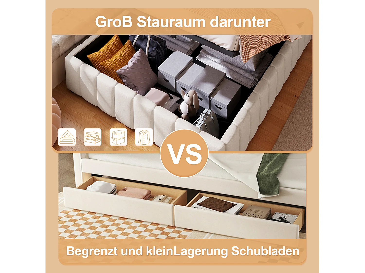 Lit coffre 140 x 200 cm sans tête de lit - Tissu en lin - Sommier à lattes inclus - Beige (sans matelas)