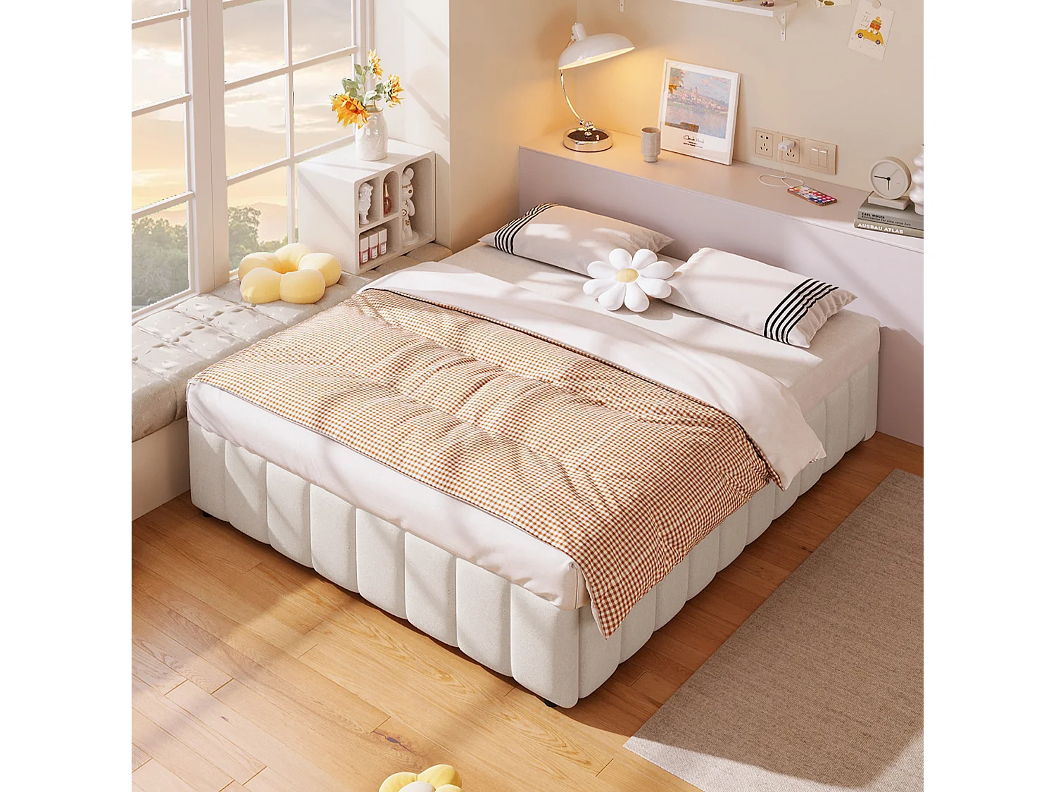 Lit coffre 140 x 200 cm sans tête de lit - Tissu en lin - Sommier à lattes inclus - Beige (sans matelas)