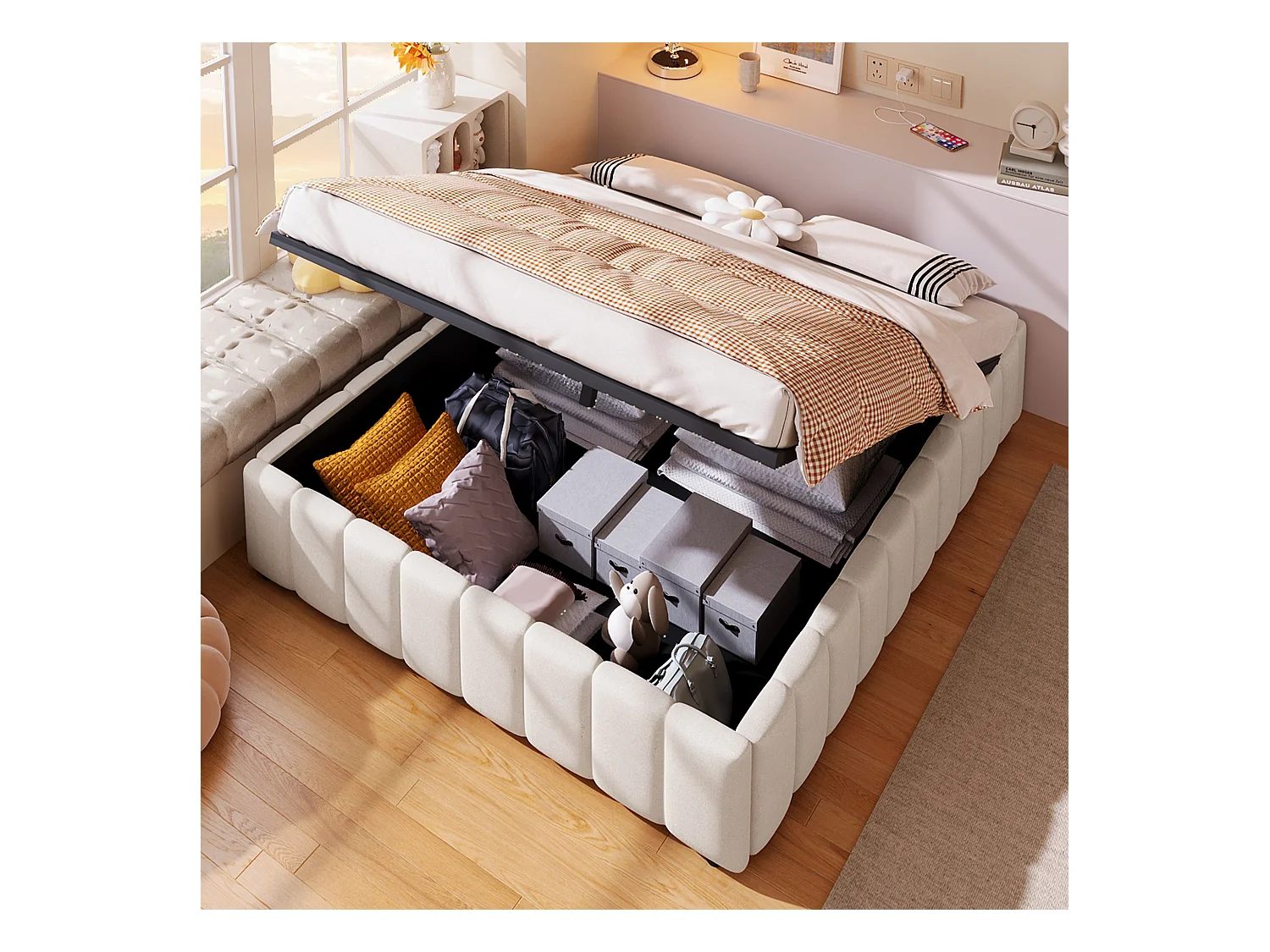Letto contenitore 140 x 200 cm senza testiera - Tessuto lino - Rete a doghe inclusa - Beige (senza materasso)