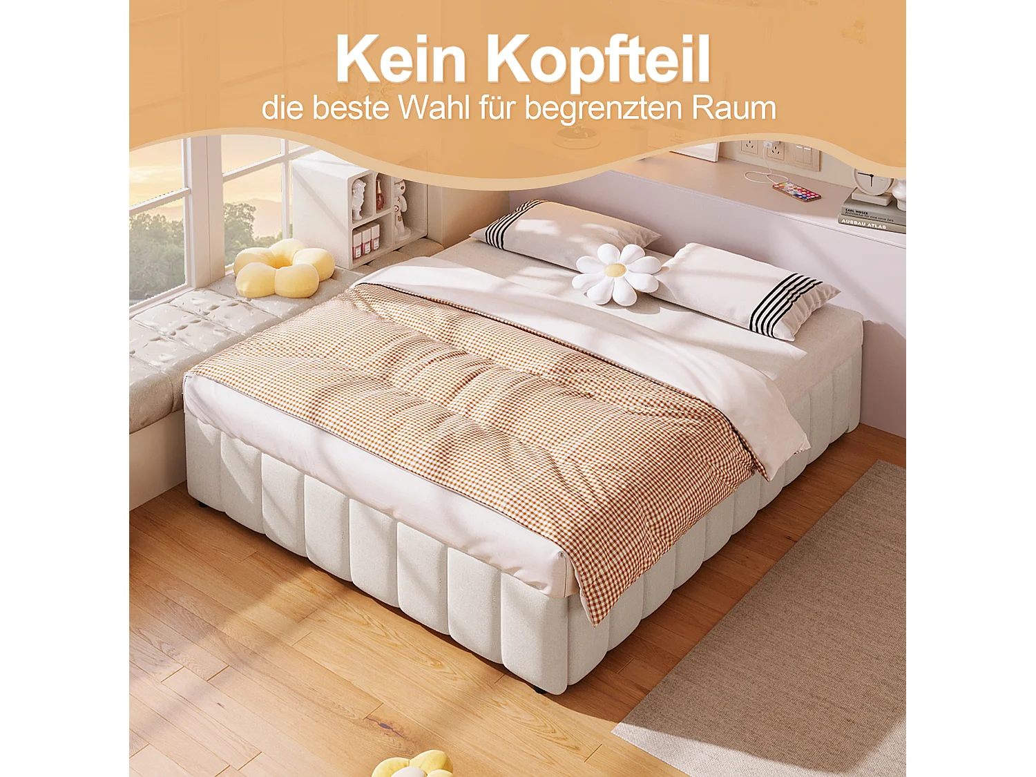 Lit coffre 140 x 200 cm sans tête de lit - Tissu en lin - Sommier à lattes inclus - Beige (sans matelas)