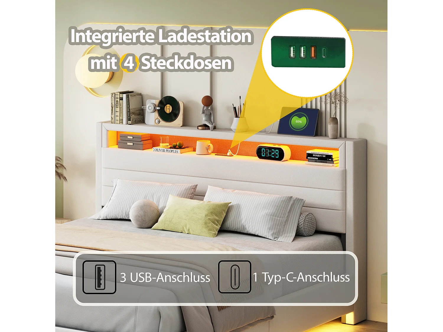 Lit coffre 160 x 200 cm avec tête de lit coffre et compartiments - LEDs et prise USB - Tissu en lin - Beige