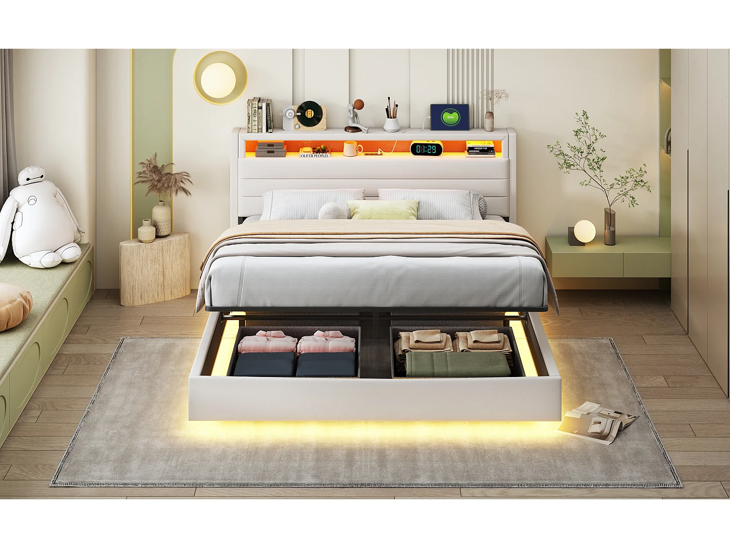 Lit coffre 160 x 200 cm avec tête de lit coffre et compartiments - LEDs et prise USB - Tissu en lin - Beige