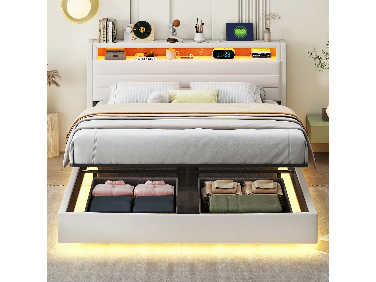 Lit coffre 160 x 200 cm avec tête de lit coffre et compartiments - LEDs et prise USB - Tissu en lin - Beige