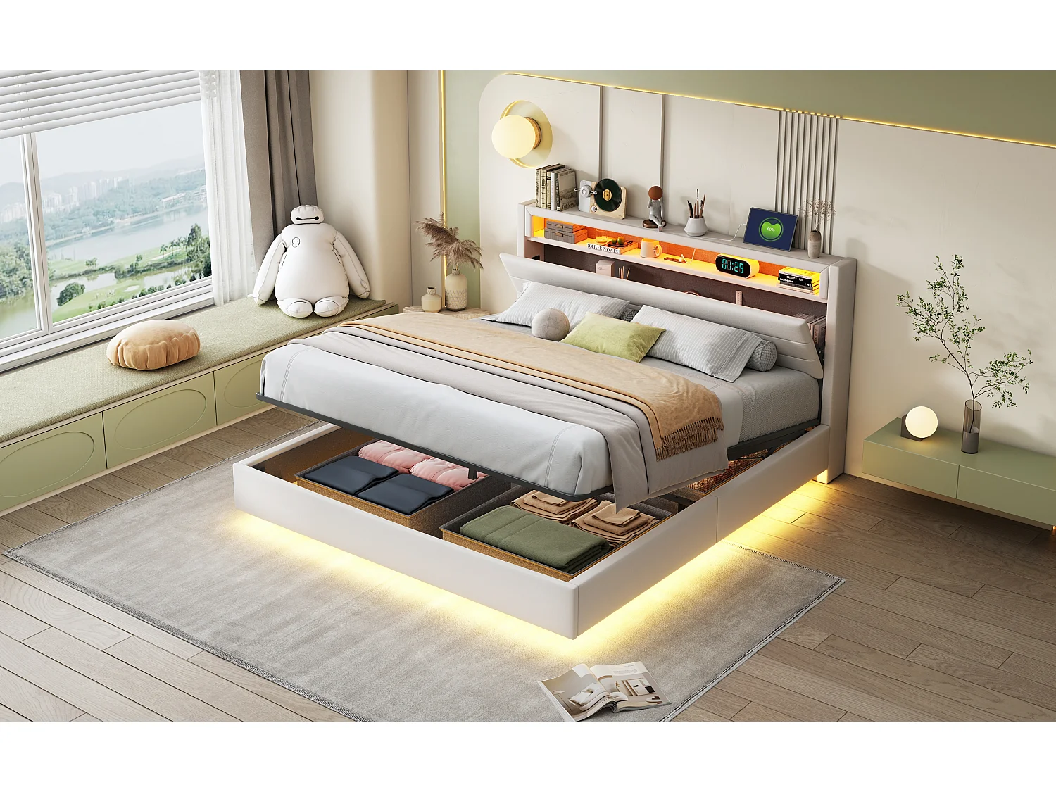 Lit coffre 160 x 200 cm avec tête de lit coffre et compartiments - LEDs et prise USB - Tissu en lin - Beige