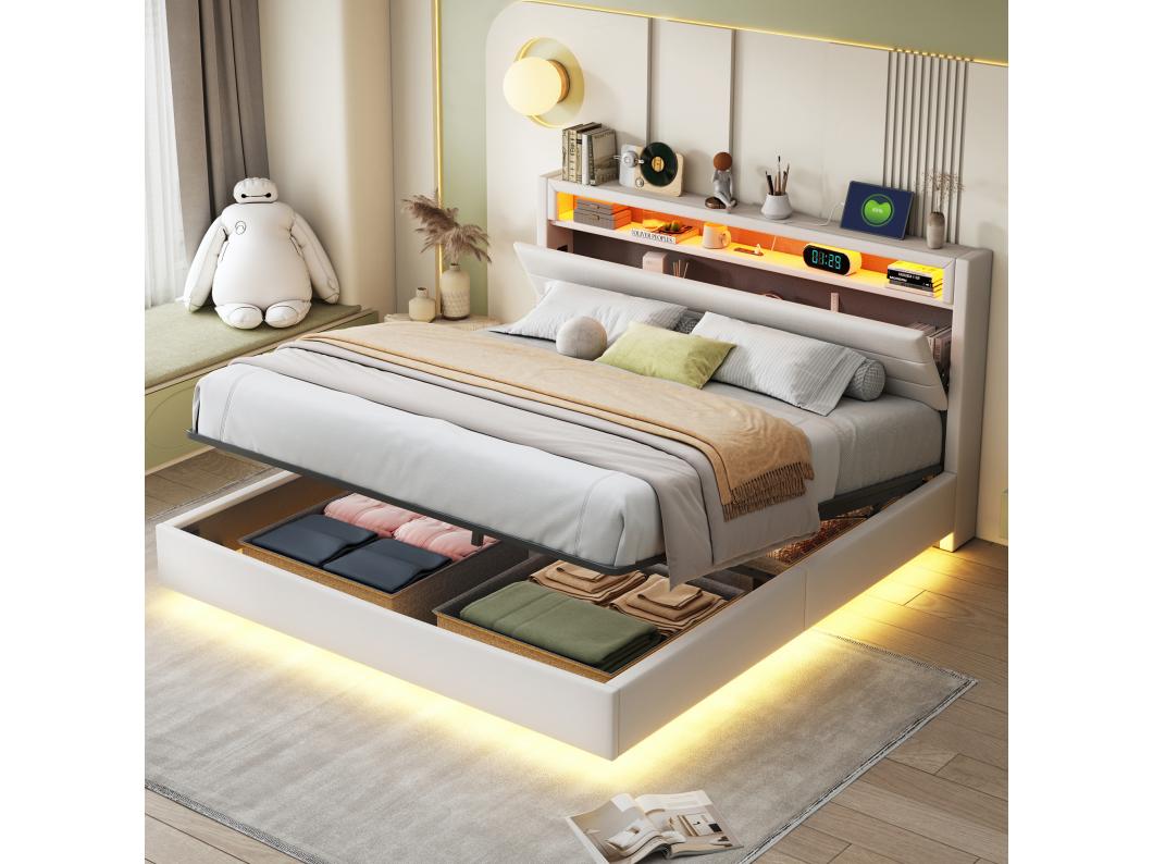 Łóżko ze schowkiem 160 x 200 cm z zagłówkiem i przegródkami - diody LED i port USB - tkanina lniana - beż