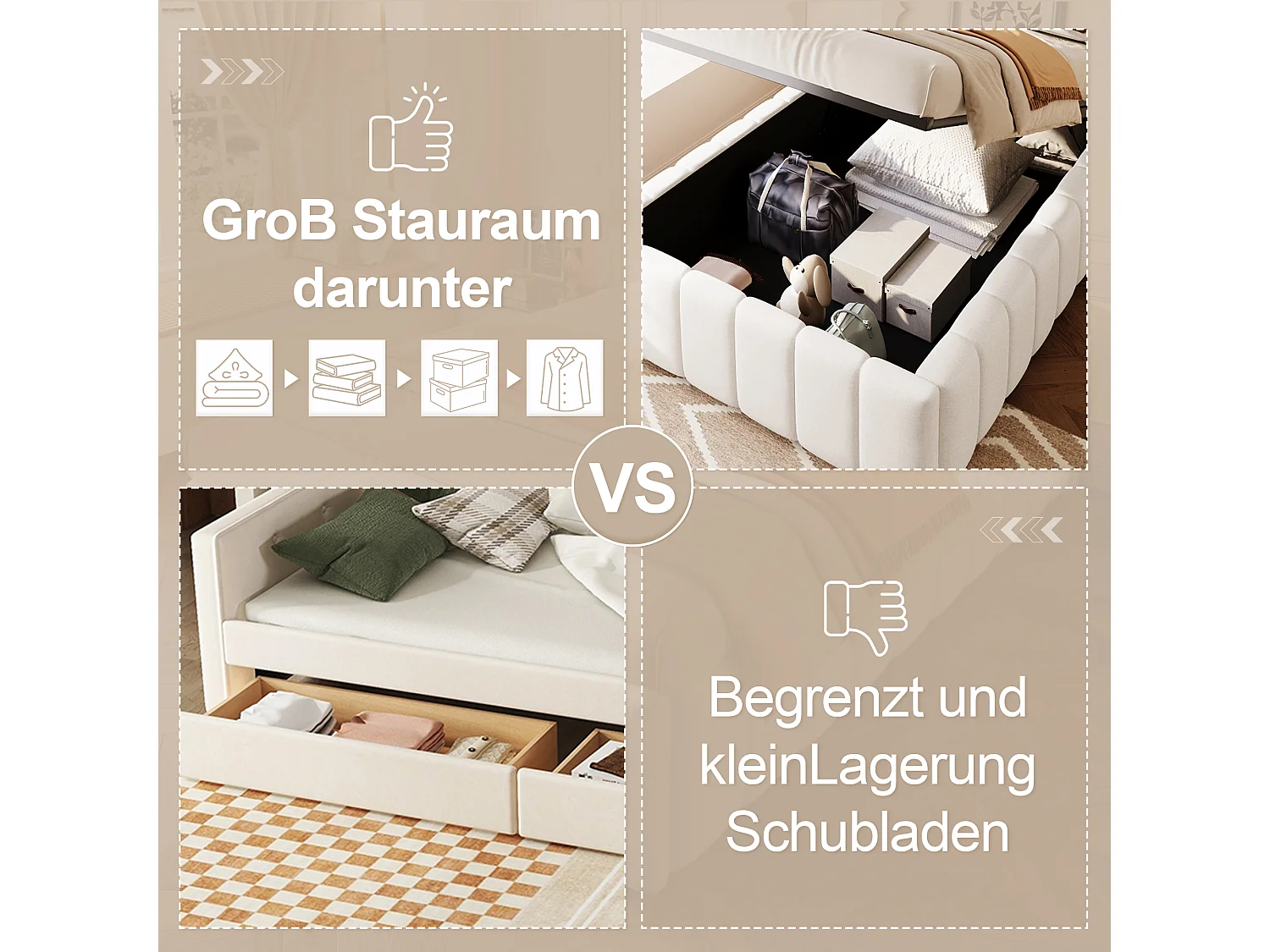 Lit coffre 90 x 200 cm sans tête de lit - Tissu en lin - Sommier à lattes inclus - Beige (sans matelas)