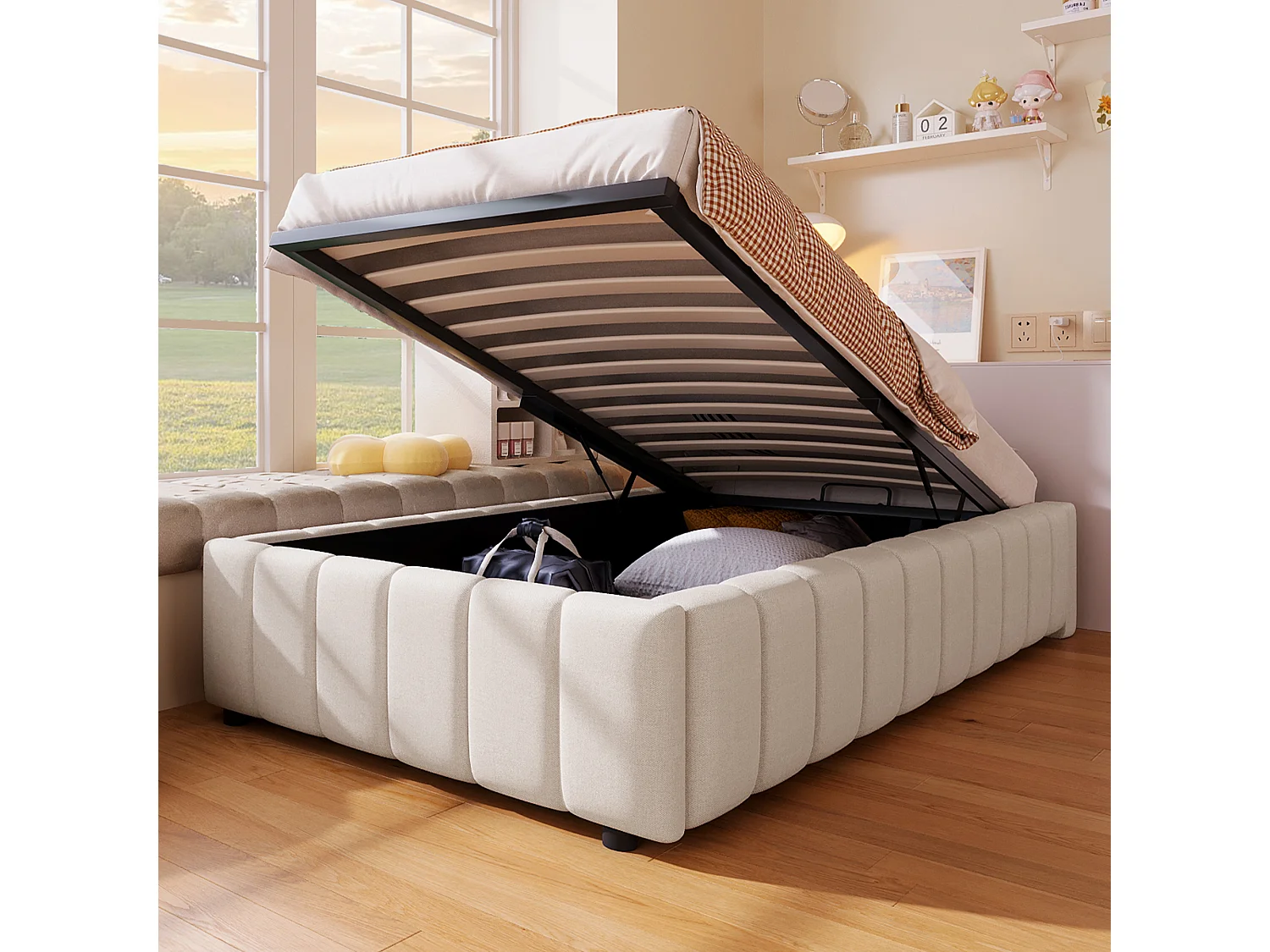 Lit coffre 90 x 200 cm sans tête de lit - Tissu en lin - Sommier à lattes inclus - Beige (sans matelas)