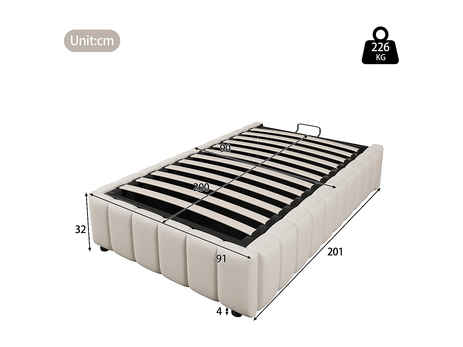 Lit coffre 90 x 200 cm sans tête de lit - Tissu en lin - Sommier à lattes inclus - Beige (sans matelas)