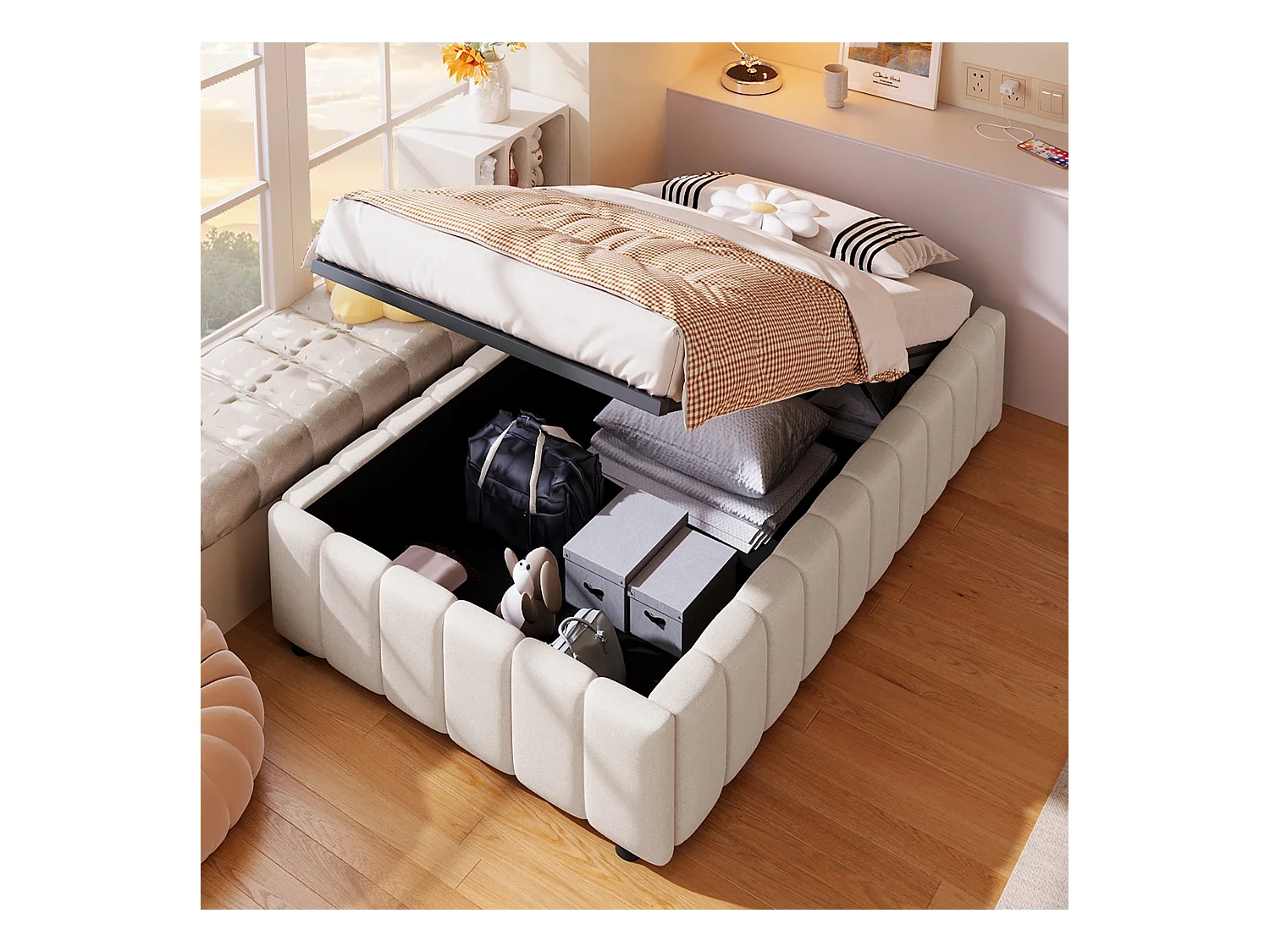 Lit coffre 90 x 200 cm sans tête de lit - Tissu en lin - Sommier à lattes inclus - Beige (sans matelas)