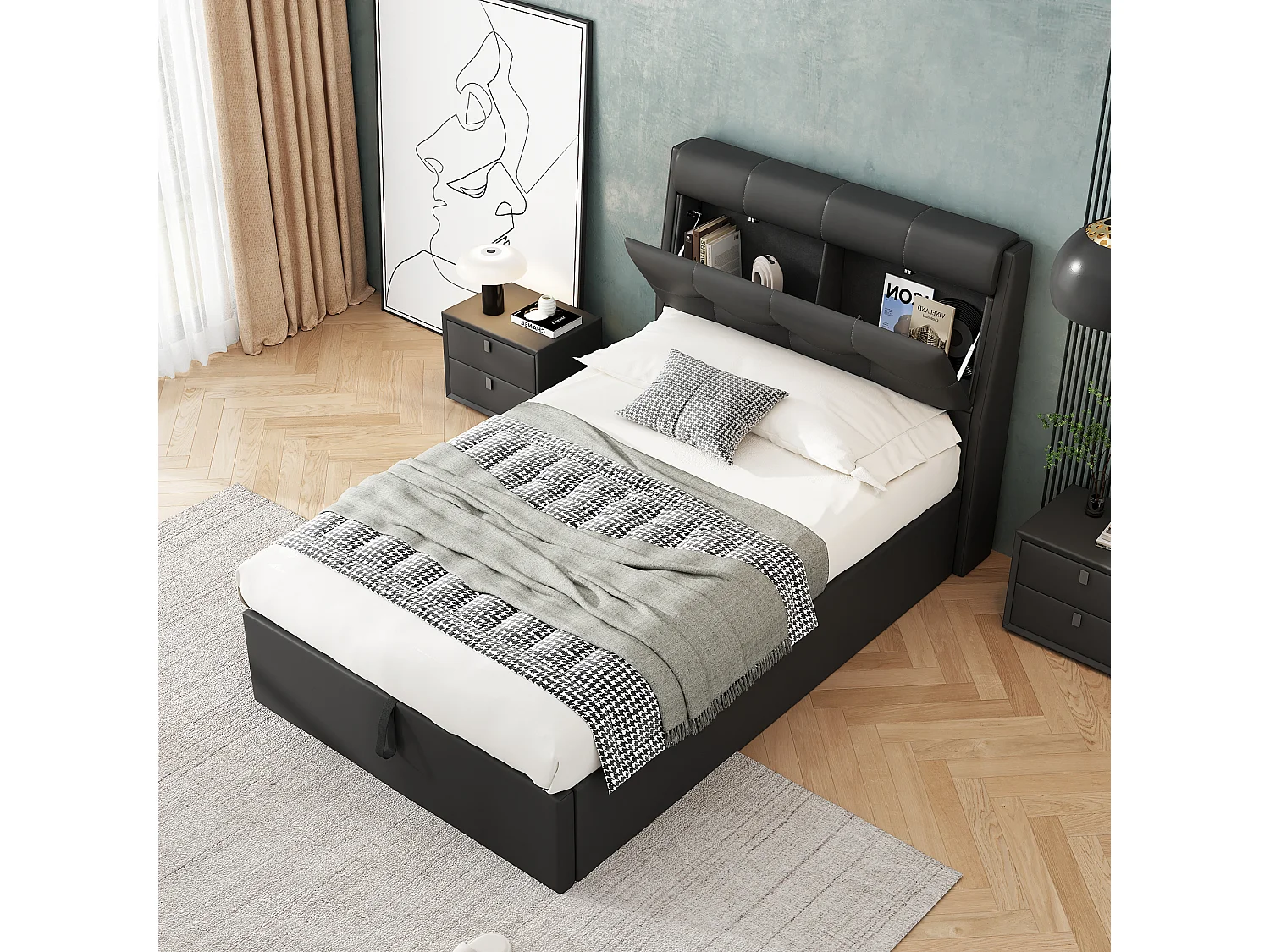 Letto contenitore 90 x 200 cm con testiera contenitore - LED - Pelle PU - Nero (senza materasso)