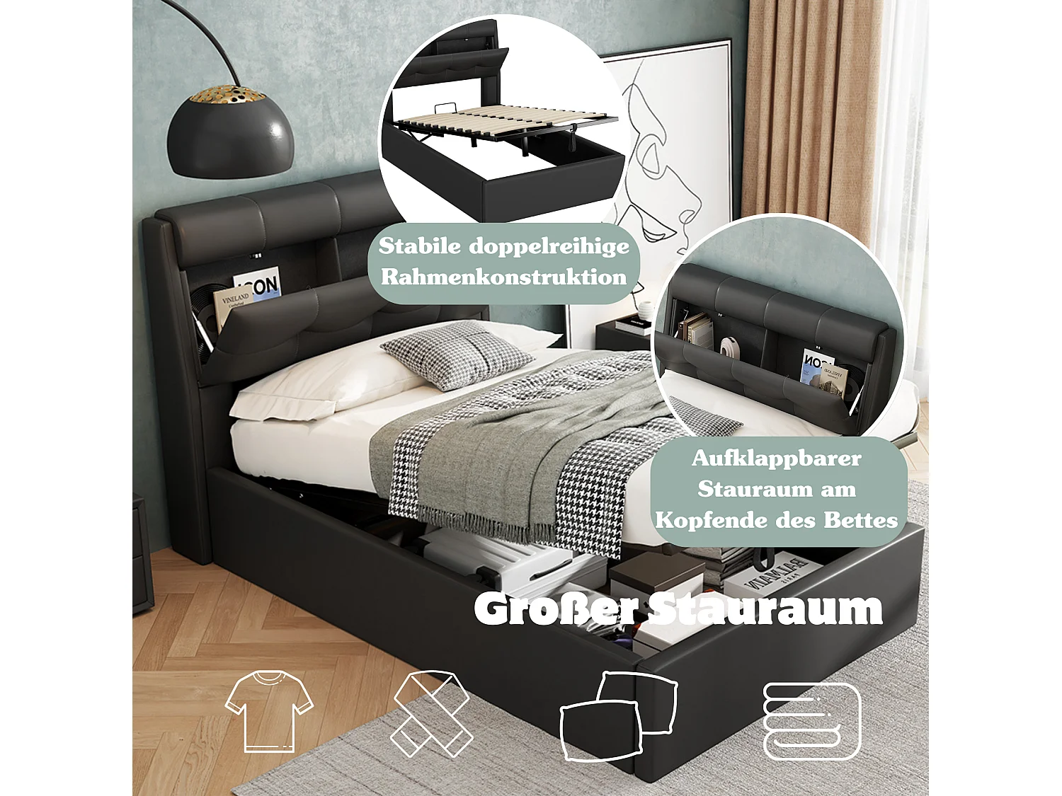 Letto contenitore 90 x 200 cm con testiera contenitore - LED - Pelle PU - Nero (senza materasso)