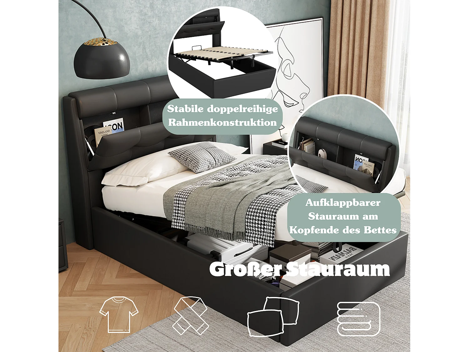 Lit coffre 90 x 200 cm avec tête de lit rangement - LEDs - Cuir PU - Noir (sans matelas)