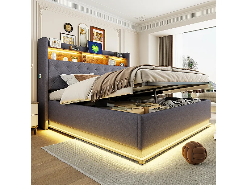 Lit coffre 180 x 200 cm avec tête de lit rangement - Charge USB et LEDs - Tissu en lin - Gris