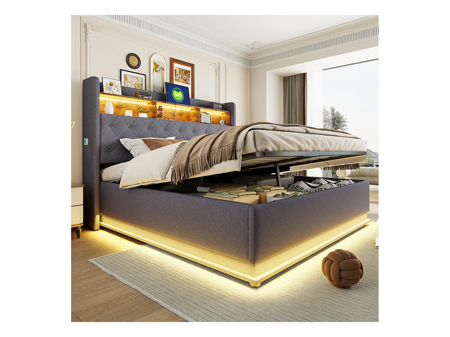 Lit coffre 180 x 200 cm avec tête de lit rangement - Charge USB et LEDs - Tissu en lin - Gris