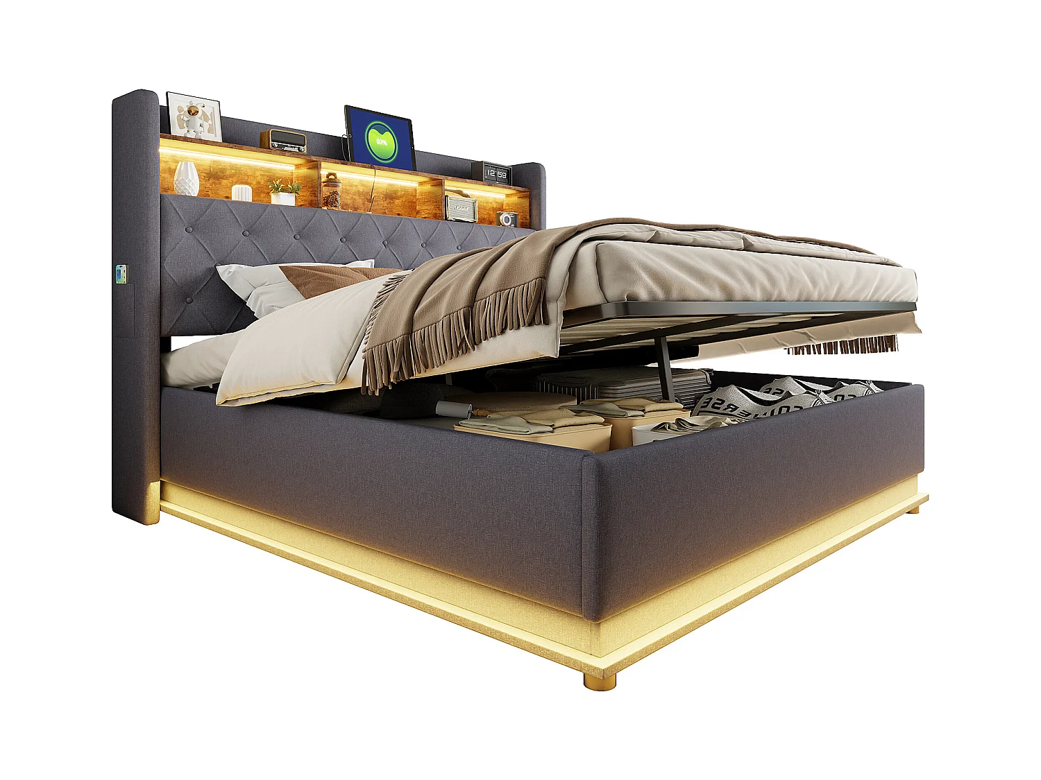 Lit coffre 180 x 200 cm avec tête de lit rangement - Charge USB et LEDs - Tissu en lin - Gris