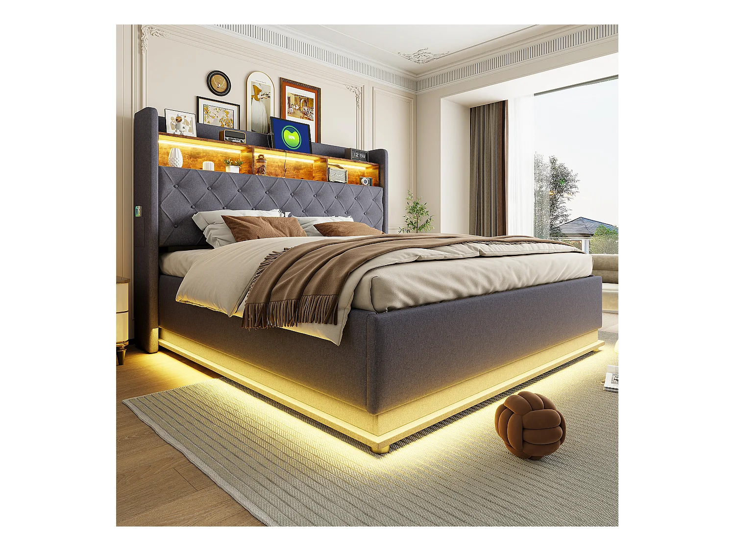 Lit coffre 180 x 200 cm avec tête de lit rangement - Charge USB et LEDs - Tissu en lin - Gris