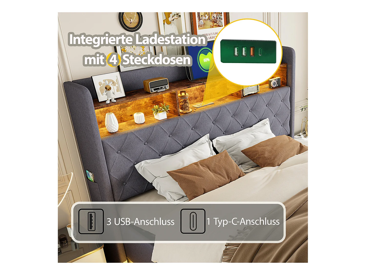 Lit coffre 180 x 200 cm avec tête de lit rangement - Charge USB et LEDs - Tissu en lin - Gris