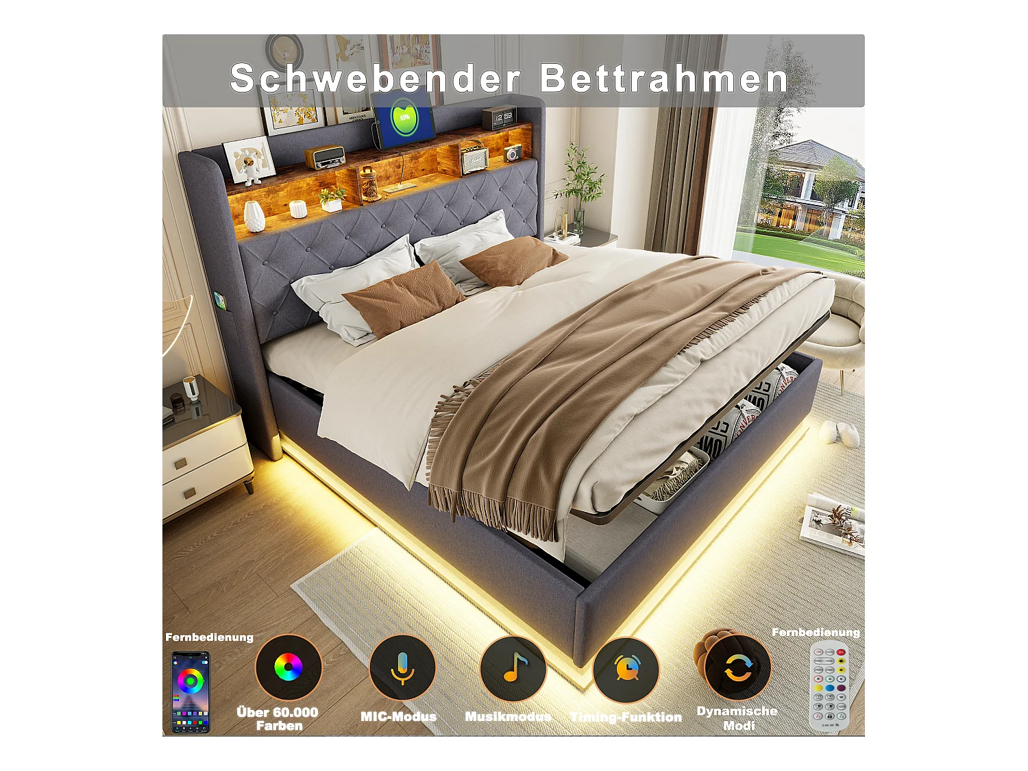 Lit coffre 180 x 200 cm avec tête de lit rangement - Charge USB et LEDs - Tissu en lin - Gris