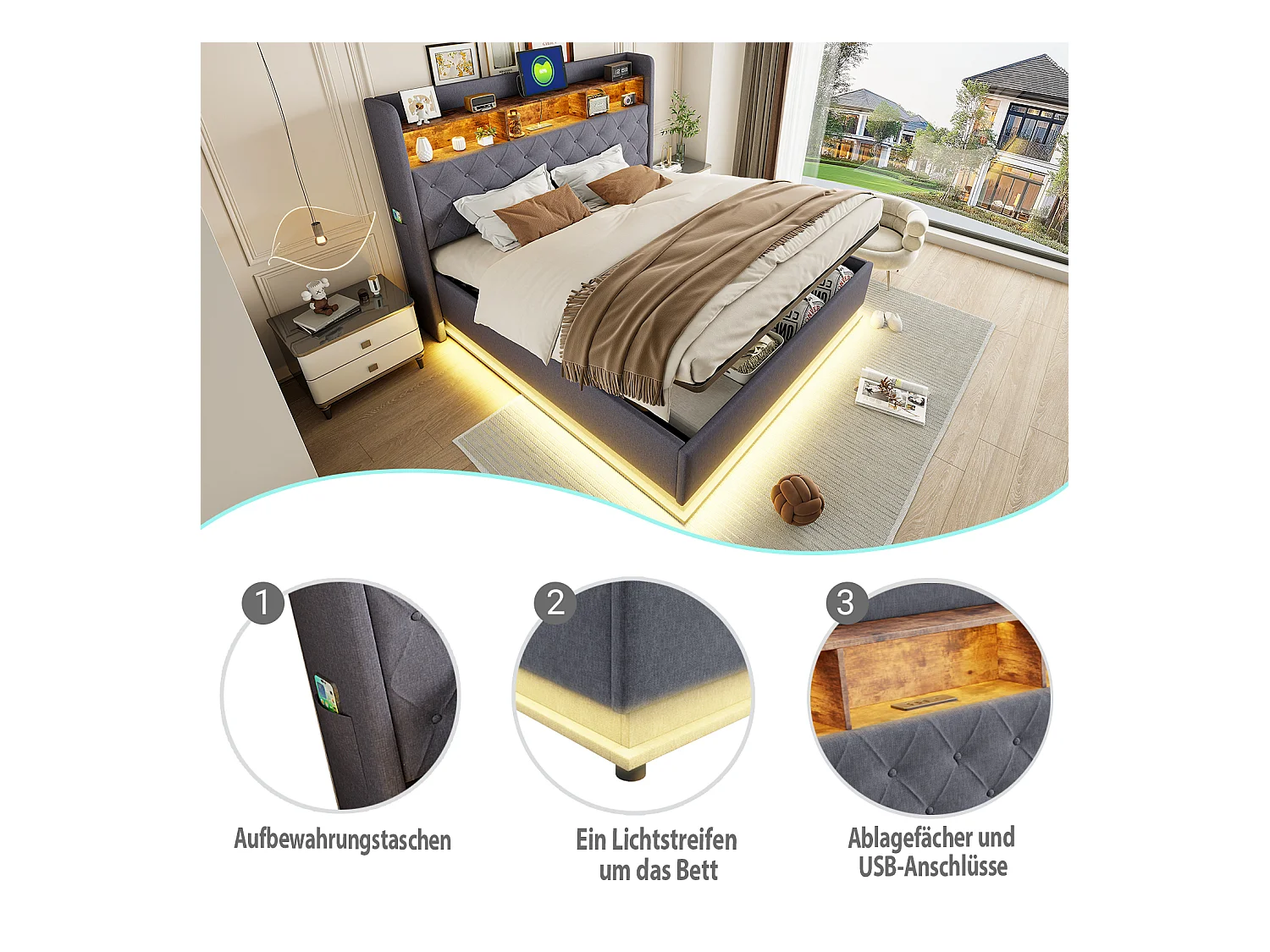 Lit coffre 180 x 200 cm avec tête de lit rangement - Charge USB et LEDs - Tissu en lin - Gris