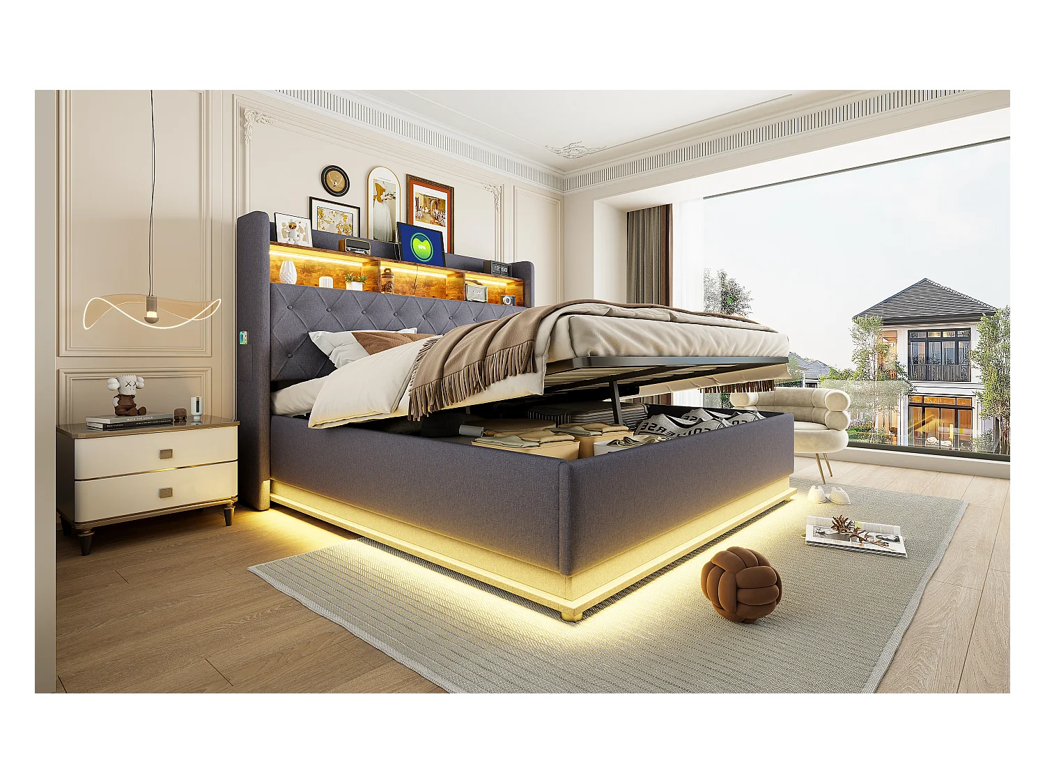 Lit coffre 180 x 200 cm avec tête de lit rangement - Charge USB et LEDs - Tissu en lin - Gris