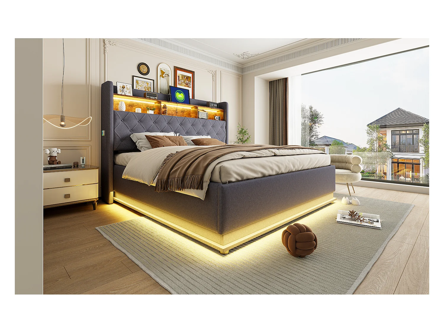 Lit coffre 180 x 200 cm avec tête de lit rangement - Charge USB et LEDs - Tissu en lin - Gris