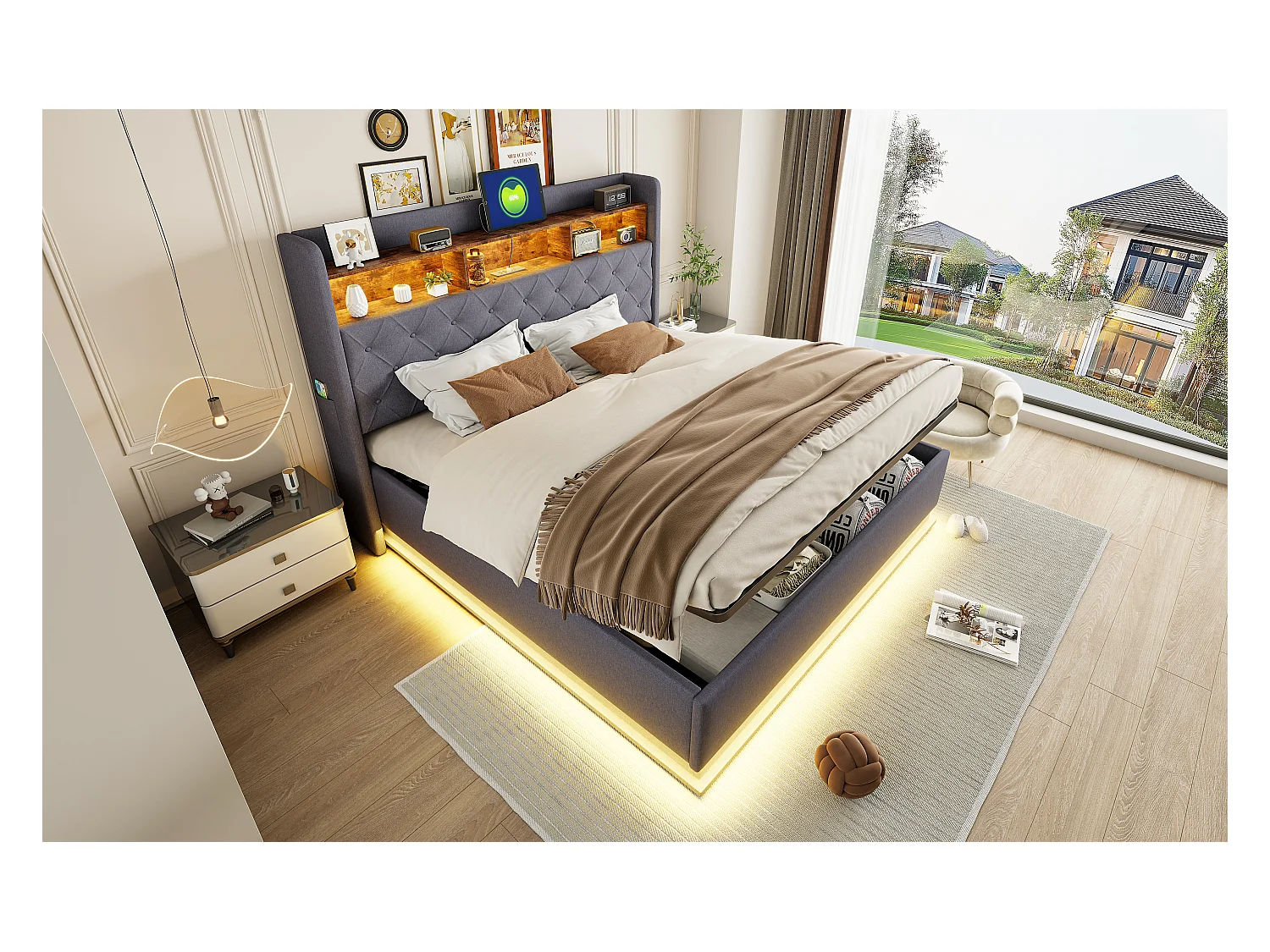 Lit coffre 180 x 200 cm avec tête de lit rangement - Charge USB et LEDs - Tissu en lin - Gris
