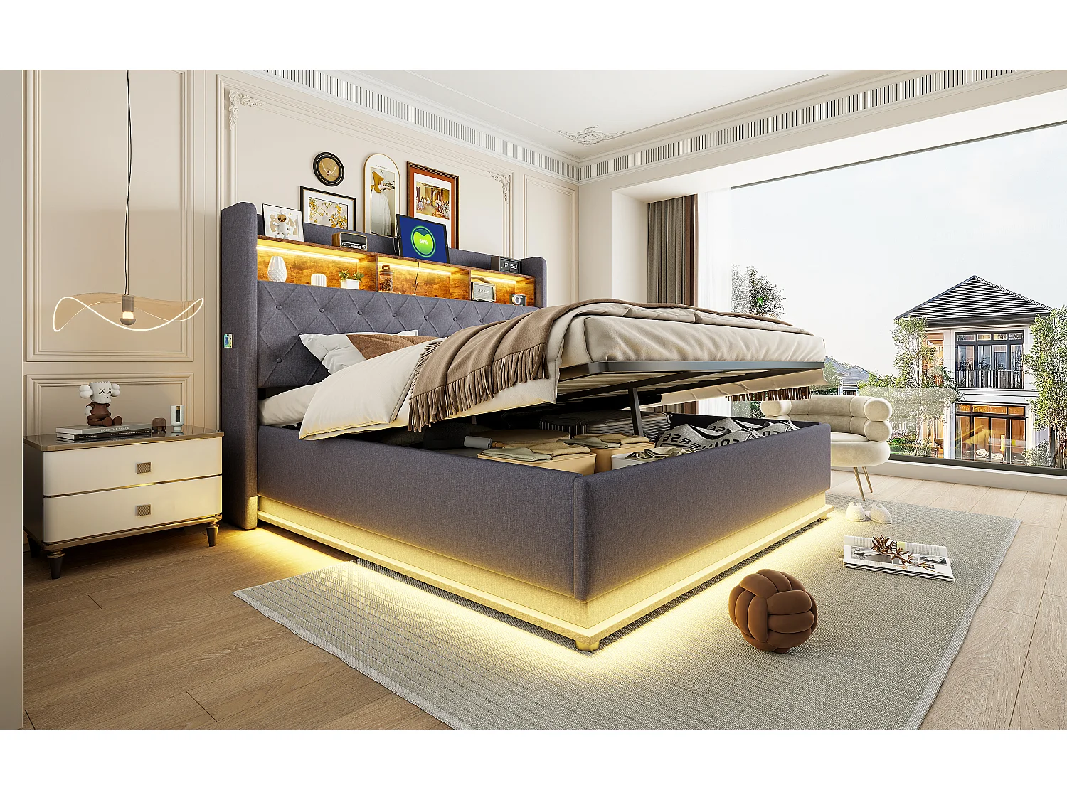 Lit coffre 180 x 200 cm avec tête de lit rangement - Charge USB et LEDs - Tissu en lin - Gris
