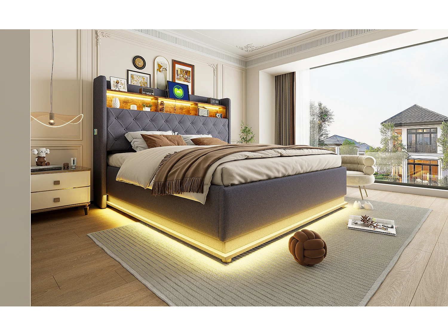Lit coffre 180 x 200 cm avec tête de lit rangement - Charge USB et LEDs - Tissu en lin - Gris
