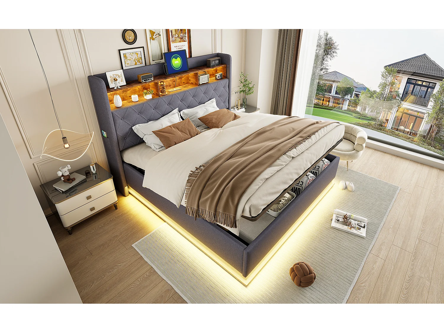 Lit coffre 180 x 200 cm avec tête de lit rangement - Charge USB et LEDs - Tissu en lin - Gris