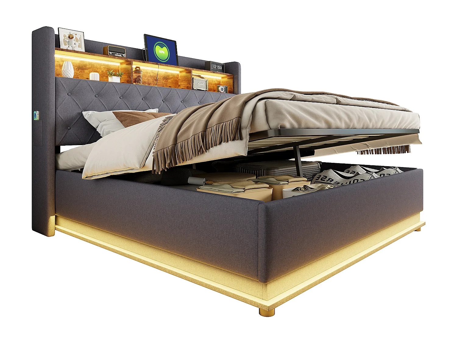 Lit coffre 180 x 200 cm avec tête de lit rangement - Charge USB et LEDs - Tissu en lin - Gris