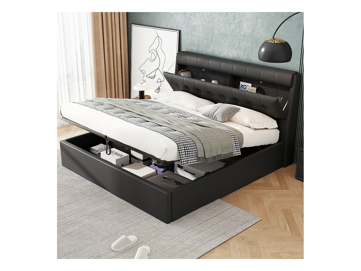 Lit coffre 180 x 200 cm avec tête de lit rangement - LEDs - Cuir PU - Noir (sans matelas)