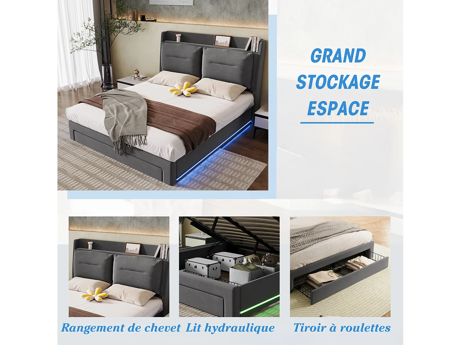Letto contenitore 140 x 190 cm con testiera e 2 cassetti - LED - Velluto - Grigio scuro (senza materasso)