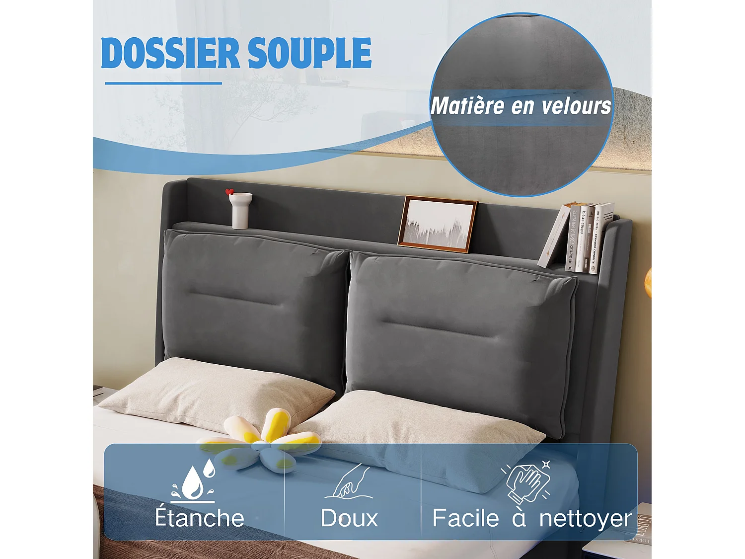 Lit coffre 140 x 190 cm avec tête de lit et 2 tiroirs - LEDs - Velours - Gris foncé (sans matelas)