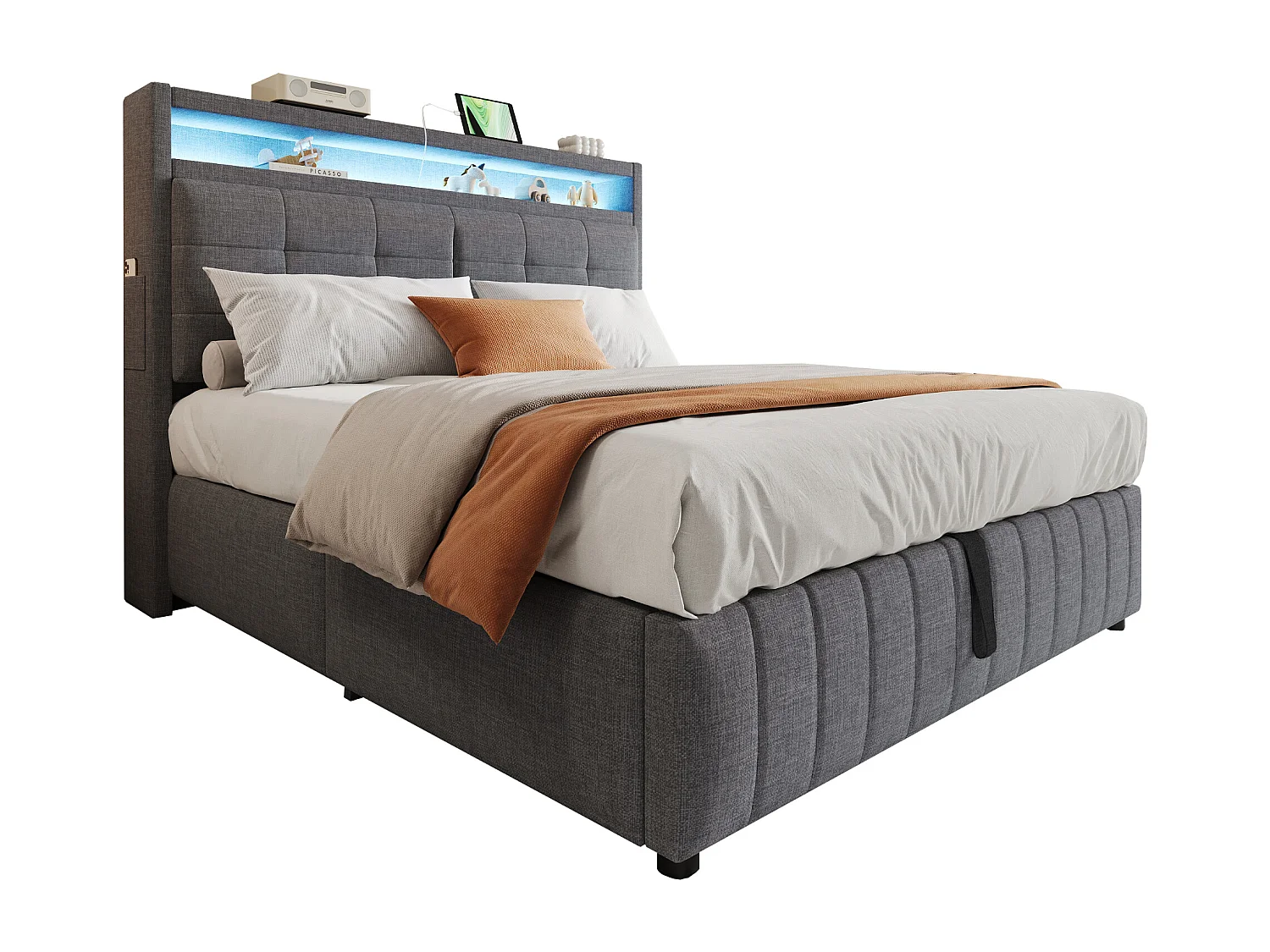 Lit coffre 160 x 200 cm avec tête de lit et compartiments - LEDs et prise USB - Tissu en lin - Gris (sans matelas)