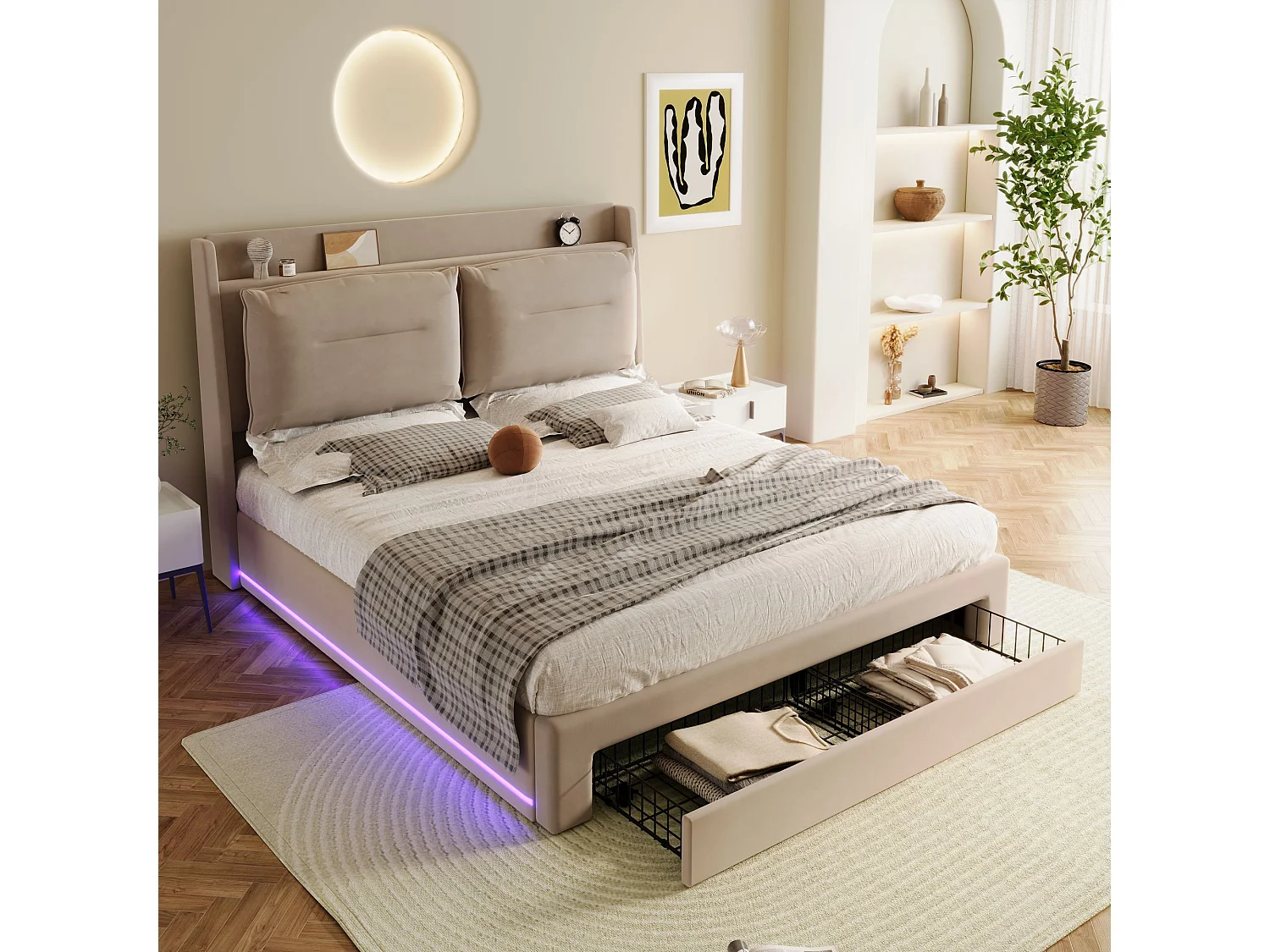 Stauraumbett 140 x 200 cm mit Kopfteil und 2 Schubladen - LEDs - Samt - Beige (ohne Matratze)