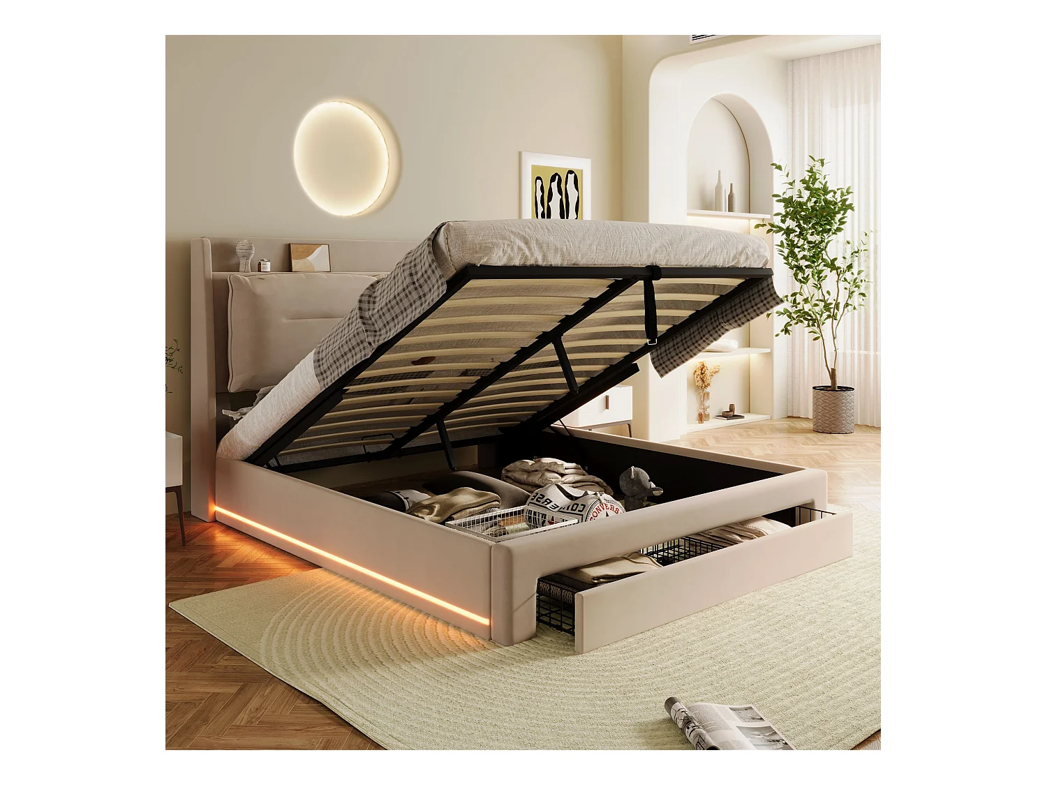 Lit coffre 140 x 200 cm avec tête de lit et 2 tiroirs - LEDs - Velours - Beige (sans matelas)